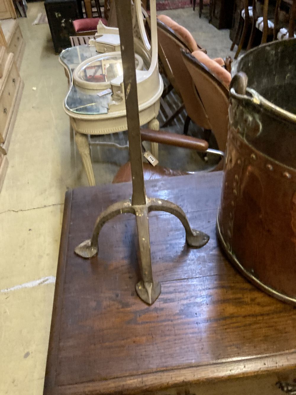 A Victorian copper and brass circular coal bucket, diameter 34cm, together with a pair of brass and wrought iron andirons